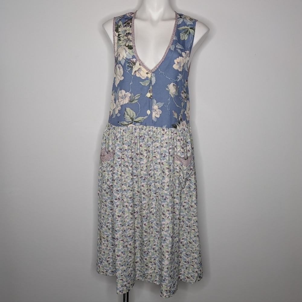 Vintage Carol Anderson 90s White Blue Purple Floral V Neck Jumper Dress S